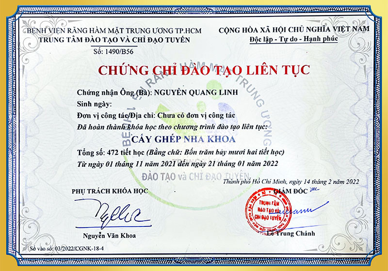 Chứng chỉ đào tạo cấy ghép nha khoa BS Linh