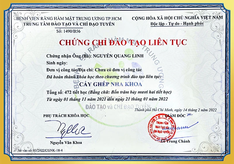 Chứng chỉ đào tạo cấy ghép nha khoa BS Linh
