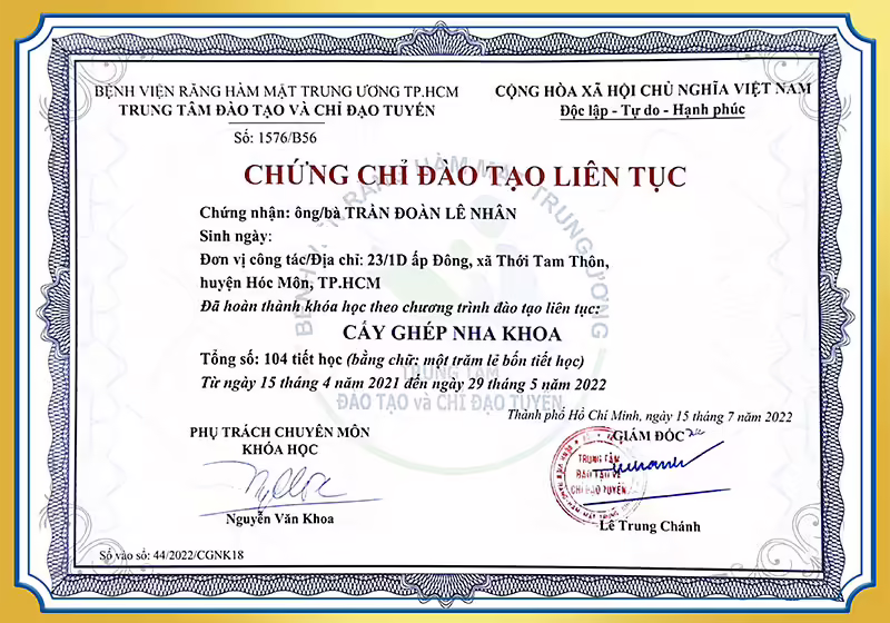 Chứng chỉ đào tạo cấy ghép nha khoa BS Nhân