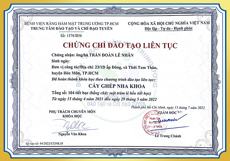 Chứng chỉ đào tạo cấy ghép nha khoa BS Nhân