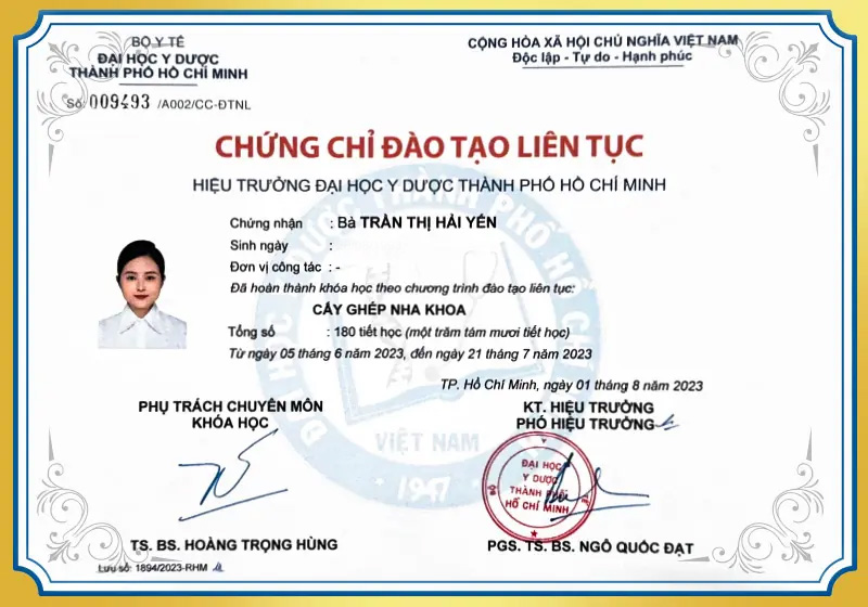 Chứng chỉ đào tạo cấy ghép nha khoa BS Yến