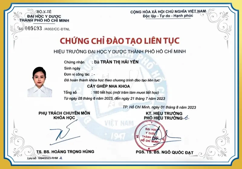 Chứng chỉ đào tạo cấy ghép nha khoa BS Yến