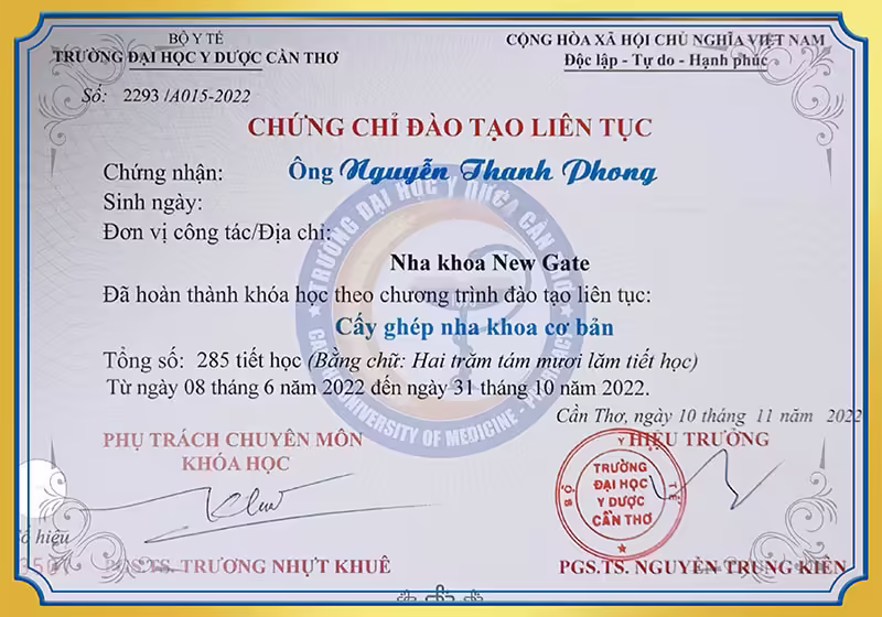 Chứng chỉ đào tạo cấy ghép nha khoa cơ bản BS Phong