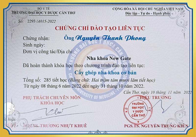 Chứng chỉ đào tạo cấy ghép nha khoa cơ bản BS Phong