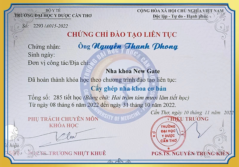 Chứng chỉ đào tạo cấy ghép nha khoa cơ bản BS Phong