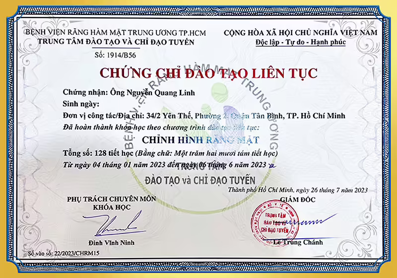 Chứng chỉ đào tạo chỉnh hình răng mặt BS Linh