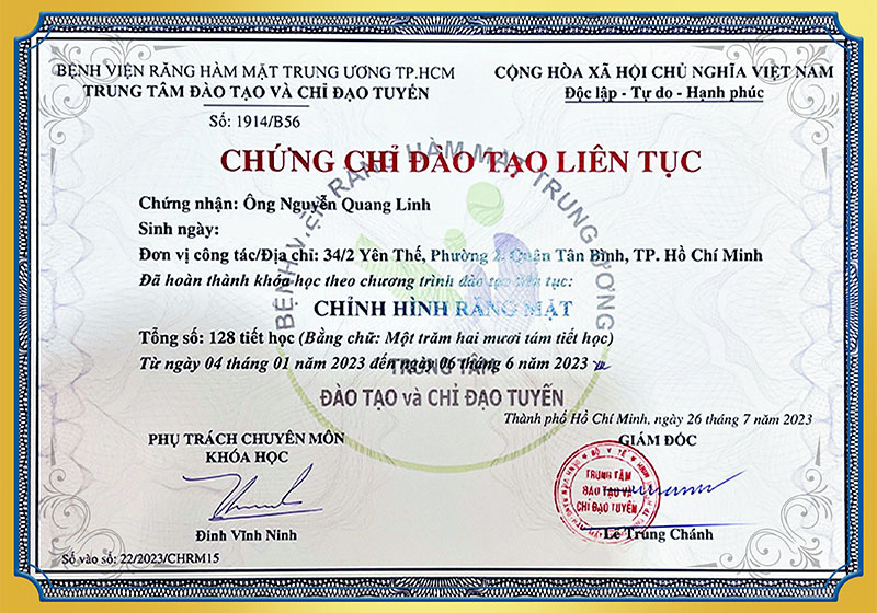 Chứng chỉ đào tạo chỉnh hình răng mặt BS Linh