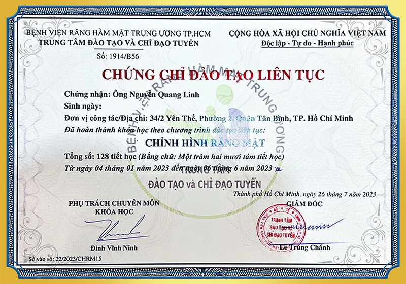 Chứng chỉ đào tạo chỉnh hình răng mặt BS Linh