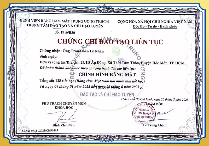 Chứng chỉ đào tạo chỉnh hình răng mặt BS Nhân