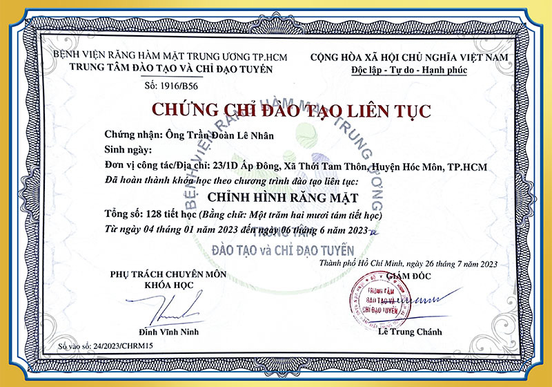 Chứng chỉ đào tạo chỉnh hình răng mặt BS Nhân