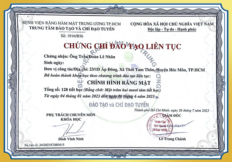 Chứng chỉ đào tạo chỉnh hình răng mặt BS Nhân