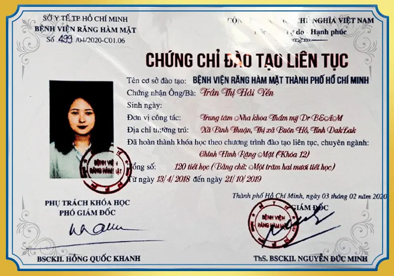 Chứng chỉ đào tạo chỉnh hình răng mặt BS Yến