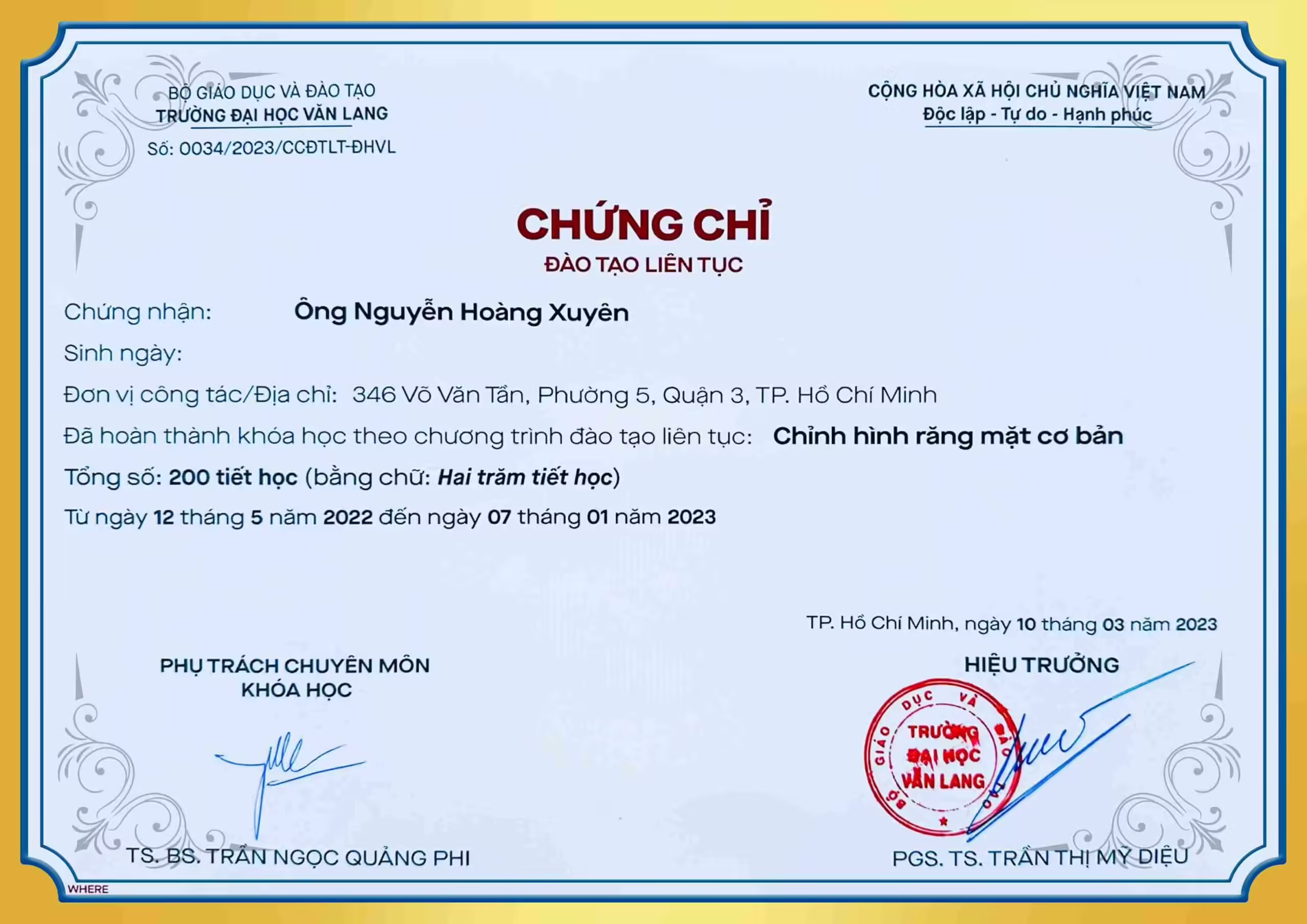 Chứng chỉ đào tạo chỉnh hình răng mặt cơ bản BS Xuyên