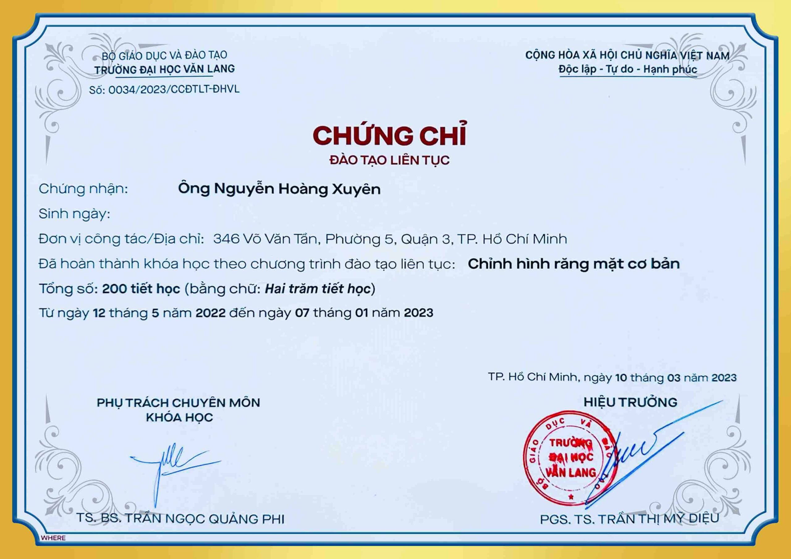 Chứng chỉ đào tạo chỉnh hình răng mặt cơ bản BS Xuyên