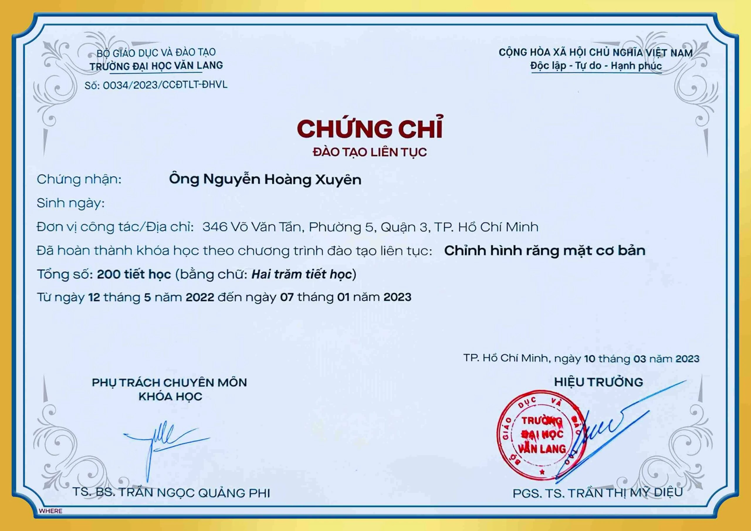 Chứng chỉ đào tạo chỉnh hình răng mặt cơ bản BS Xuyên