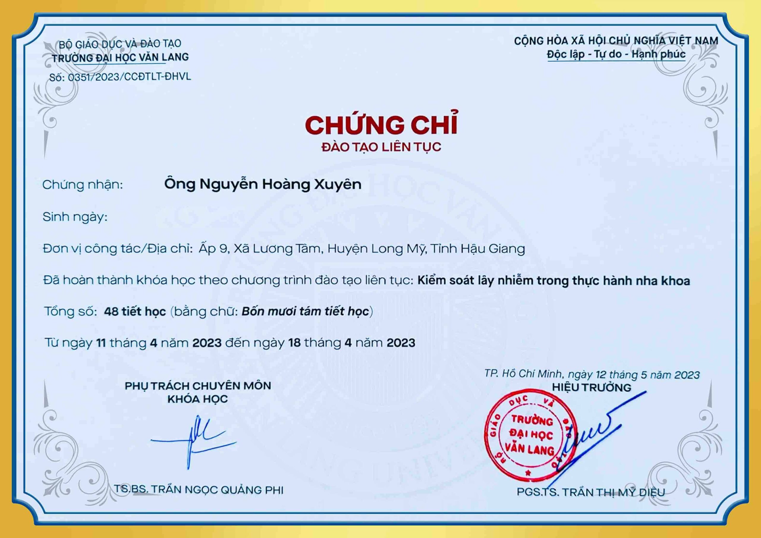 Chứng chỉ đào tạo kiểm soát lây nhiễm trong thực hành y khoa BS Xuyên