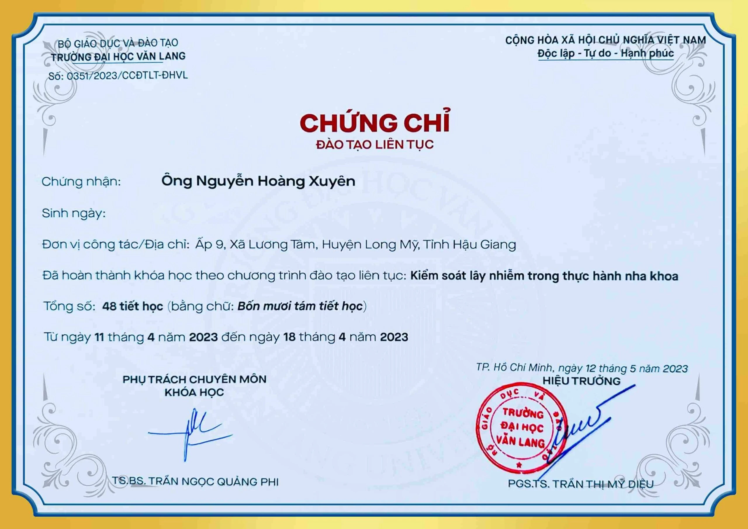 Chứng chỉ đào tạo kiểm soát lây nhiễm trong thực hành y khoa BS Xuyên