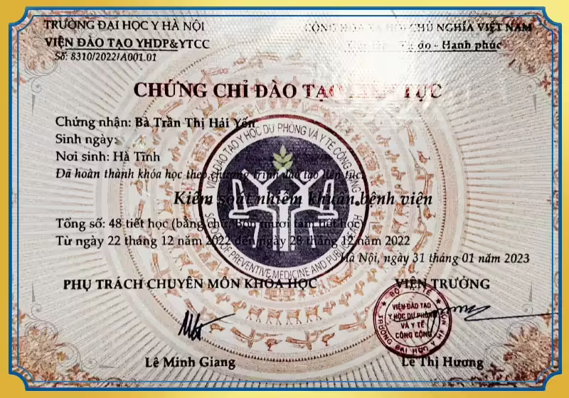 Chứng chỉ đào tạo kiểm soát nhiễm khuẩn bệnh viện BS Yến