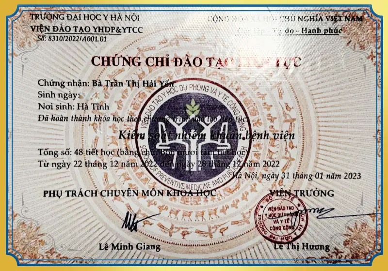 Chứng chỉ đào tạo kiểm soát nhiễm khuẩn bệnh viện BS Yến