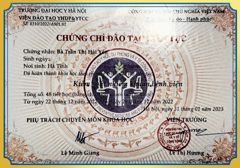 Chứng chỉ đào tạo kiểm soát nhiễm khuẩn bệnh viện BS Yến