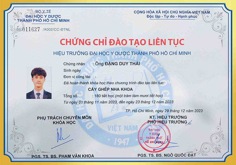 Chứng chỉ đào tạo liên tục BS Duy Thái