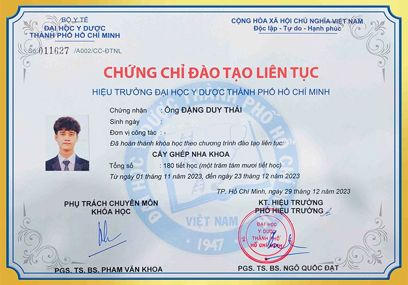 Chứng chỉ đào tạo liên tục BS Duy Thái