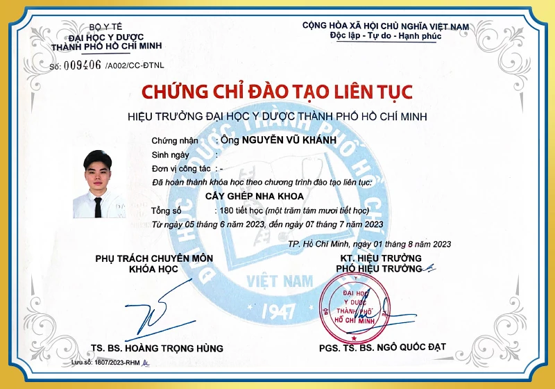 Chứng chỉ đào tạo liên tục BS Vũ Khánh