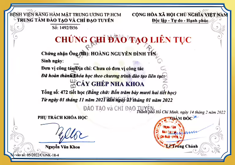 Chứng chỉ đào tạo liên tục cấy ghép nha khoa BS Tín