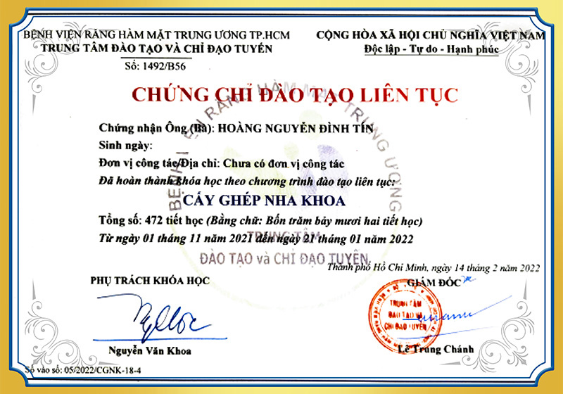 Chứng chỉ đào tạo liên tục cấy ghép nha khoa BS Tín
