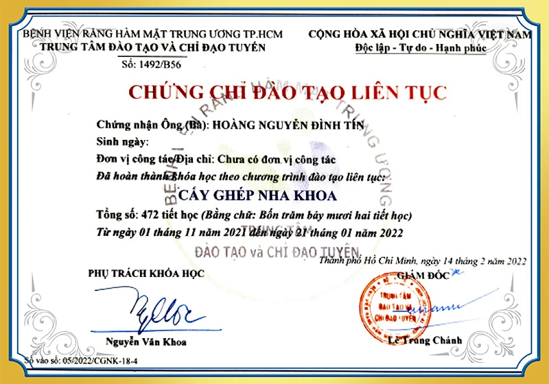 Chứng chỉ đào tạo liên tục cấy ghép nha khoa BS Tín