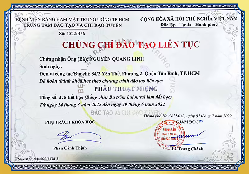 Chứng chỉ đào tạo phẫu thuật miệng BS Linh