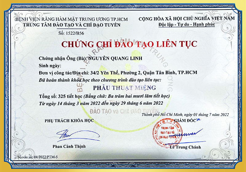 Chứng chỉ đào tạo phẫu thuật miệng BS Linh