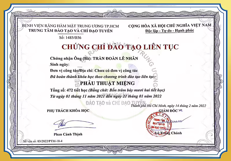 Chứng chỉ đào tạo phẫu thuật miệng BS Nhân