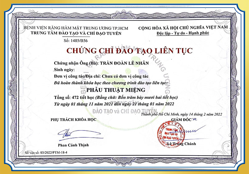 Chứng chỉ đào tạo phẫu thuật miệng BS Nhân