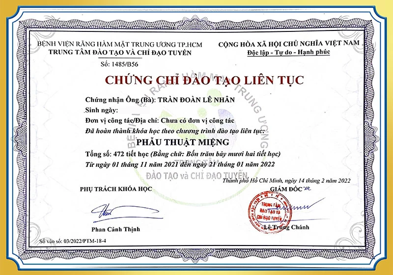 Chứng chỉ đào tạo phẫu thuật miệng BS Nhân