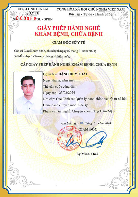 Chứng chỉ hành nghề khám bệnh chữa bệnh BS Duy Thái