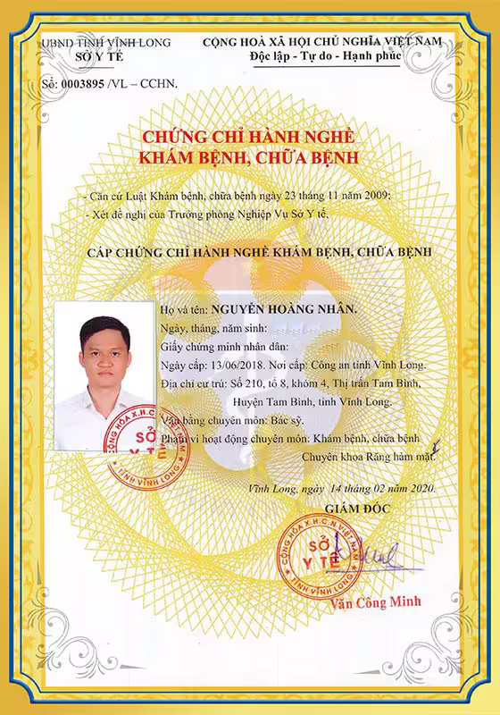Chứng chỉ hành nghề khám bệnh chữa bệnh BS Nhân