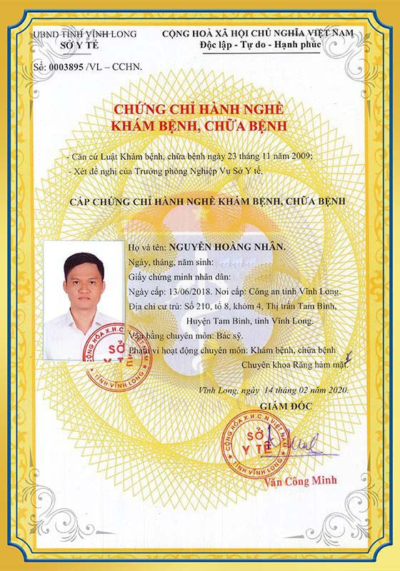 Chứng chỉ hành nghề khám bệnh chữa bệnh BS Nhân