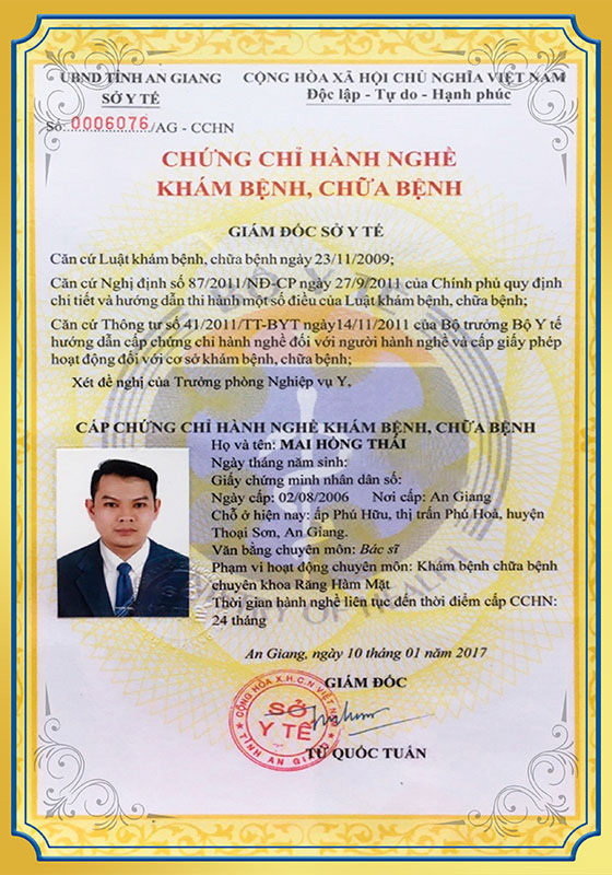 Chứng chỉ hành nghề khám bệnh chữa bệnh BS Thái