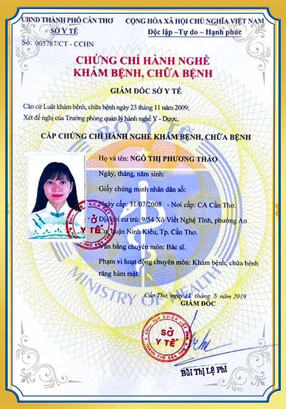 Chứng chỉ hành nghề khám bệnh chữa bệnh BS Thảo
