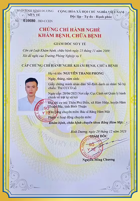 Chứng chỉ hành nghề khám chữa bệnh bác sĩ Phong