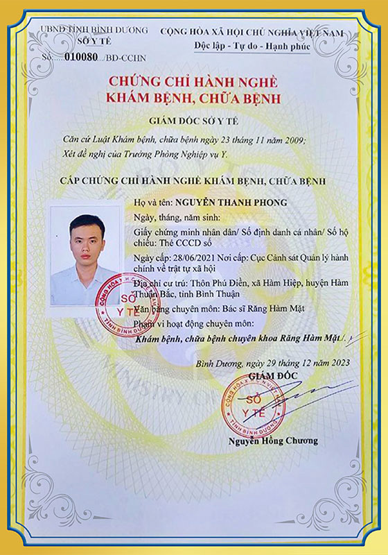 Chứng chỉ hành nghề khám chữa bệnh bác sĩ Phong