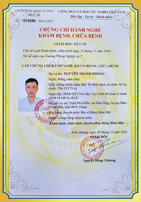 Chứng chỉ hành nghề khám chữa bệnh bác sĩ Phong
