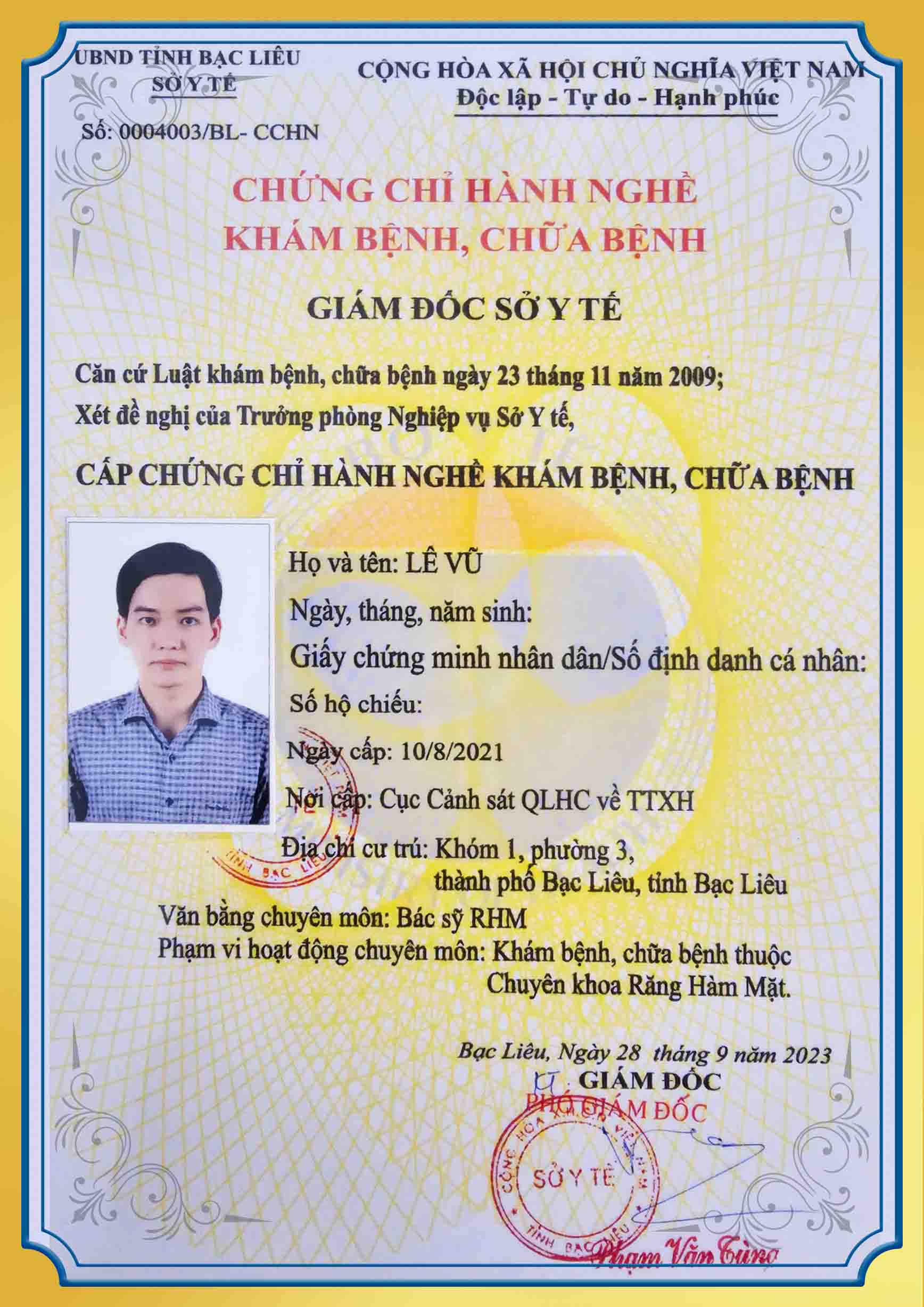 Chứng chỉ hành nghề khám chữa bệnh BS Lê Vũ