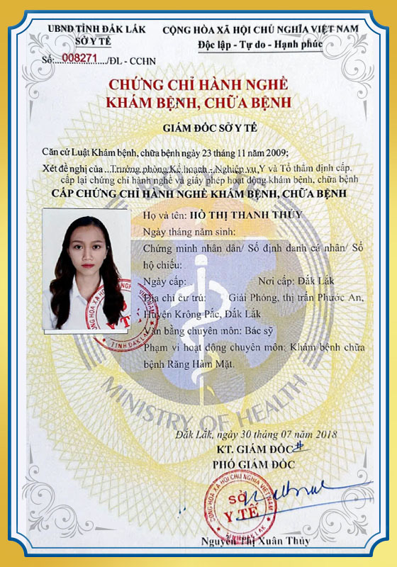 Chứng chỉ hành nghề khám chữa bệnh BS Thủy
