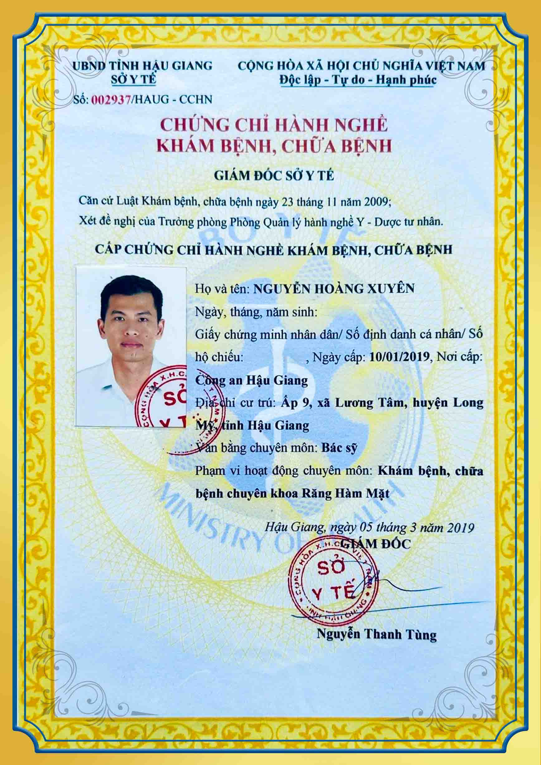 Chứng chỉ hành nghề khám chữa bệnh BS Xuyên