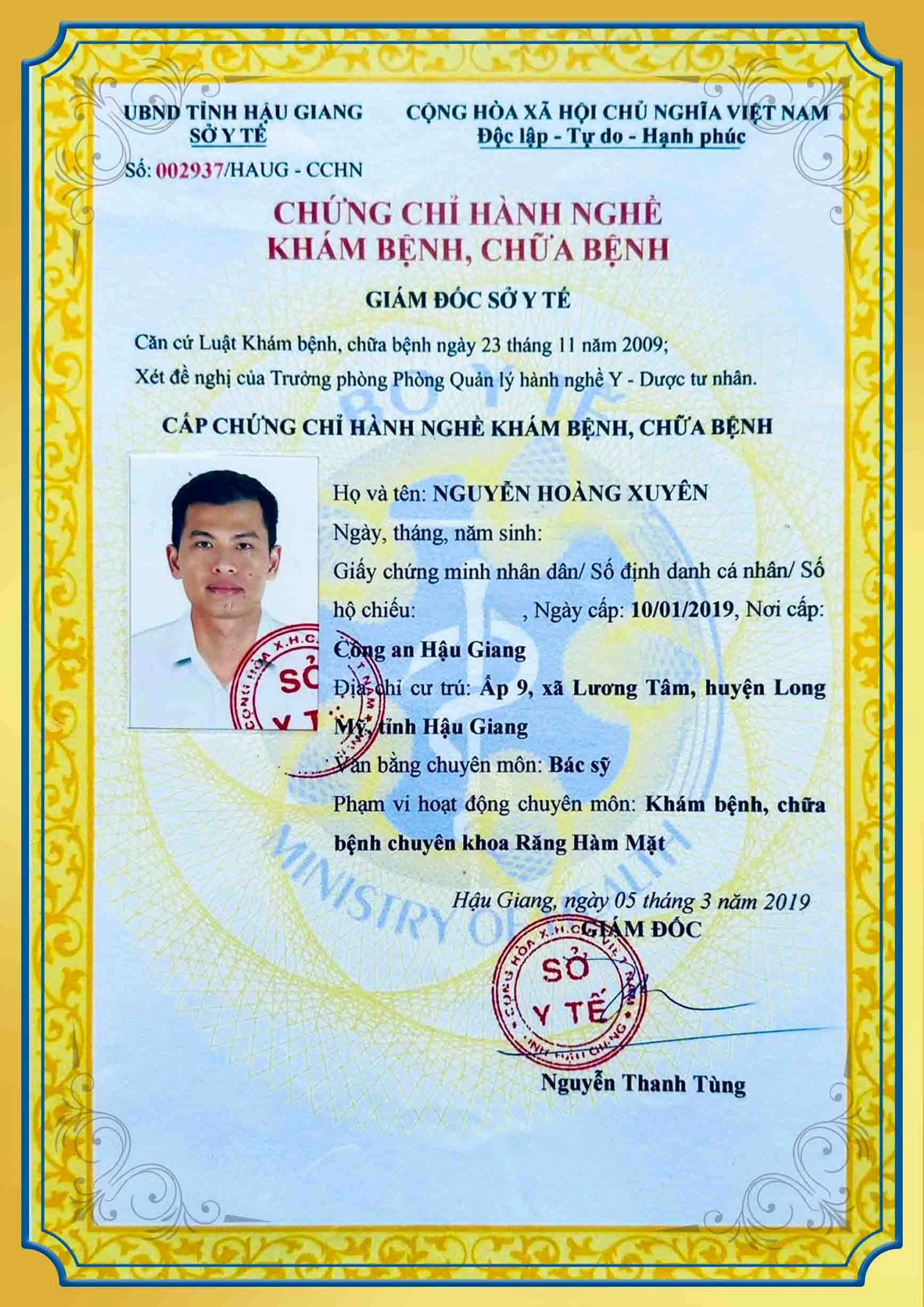 Chứng chỉ hành nghề khám chữa bệnh BS Xuyên