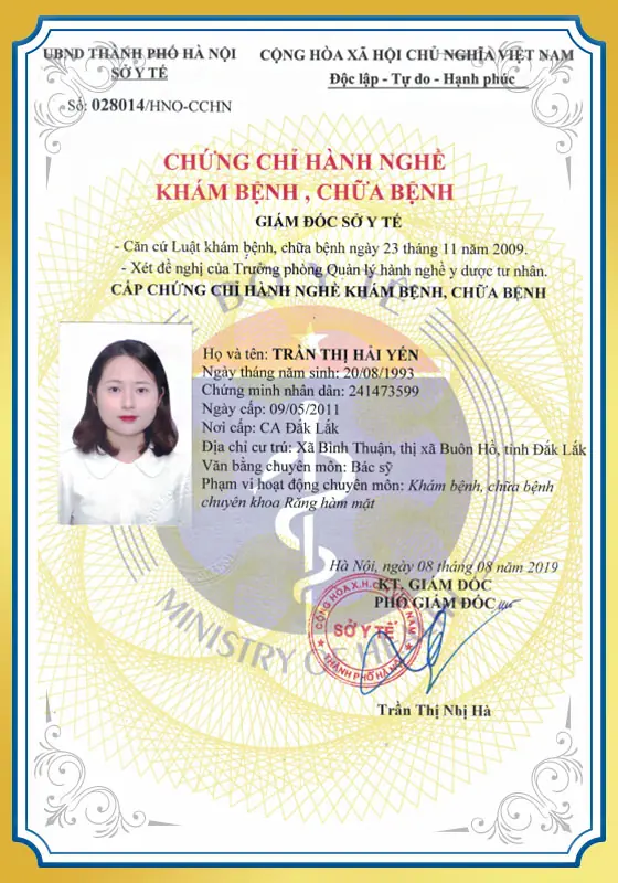 chứng chỉ hành nghề khám chữa bệnh bs yến