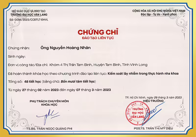 Chứng chỉ kiểm soát lây nhiễm nha khoa BS Nhân