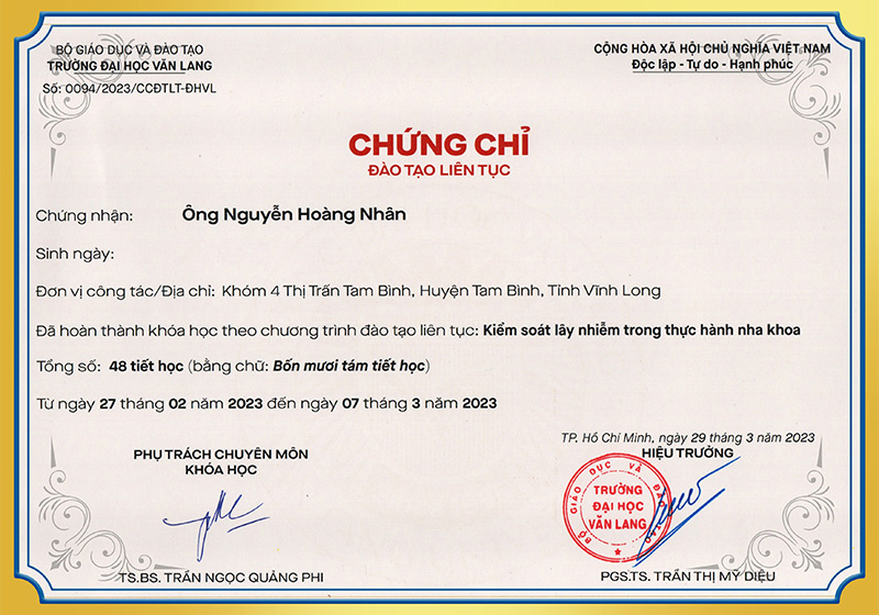 Chứng chỉ kiểm soát lây nhiễm nha khoa BS Nhân